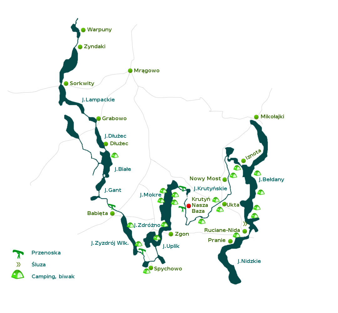 Kajaki Krutynia - mapa szlaku kajakowego Krutynia